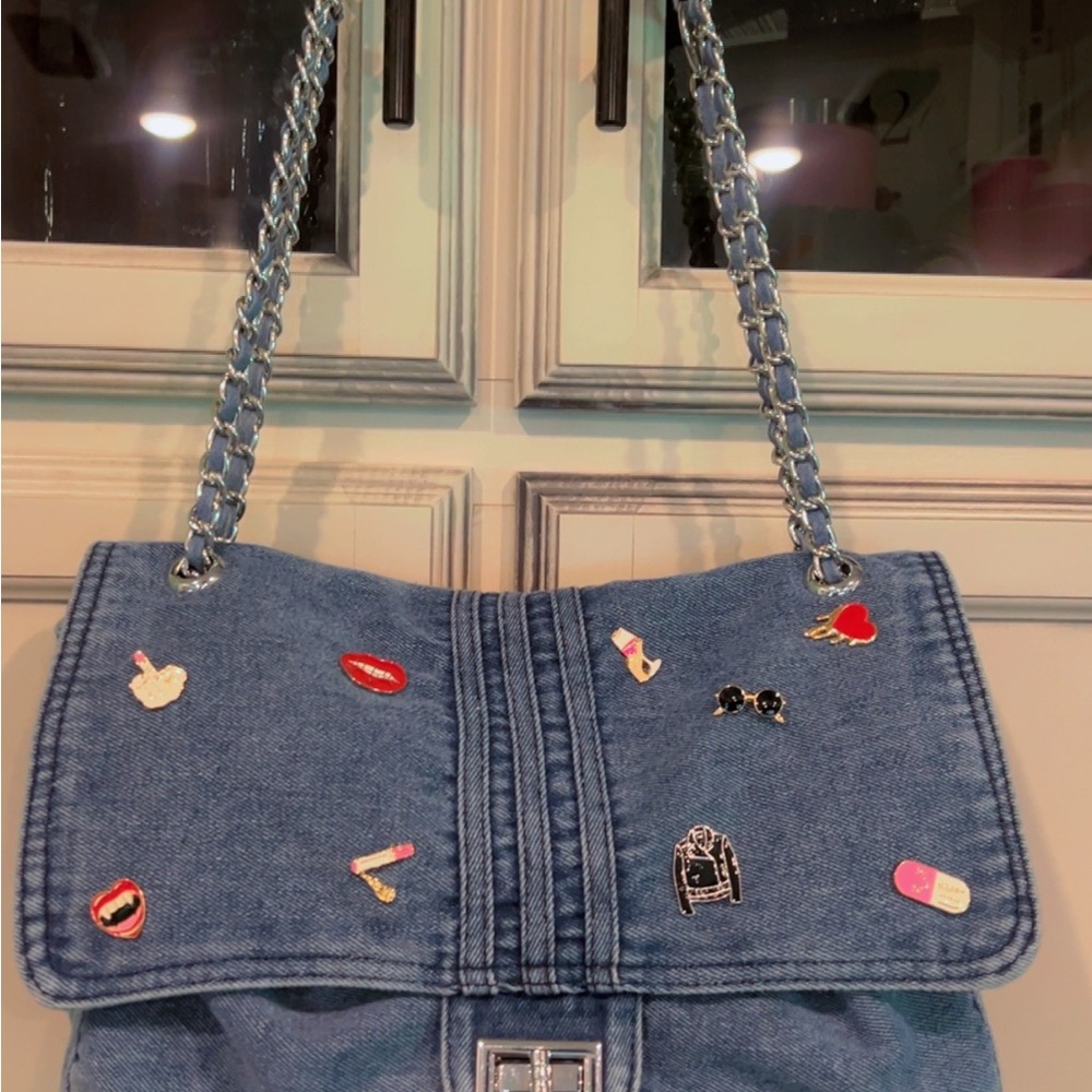 Denim Chain Strap Bag with Fun Patches